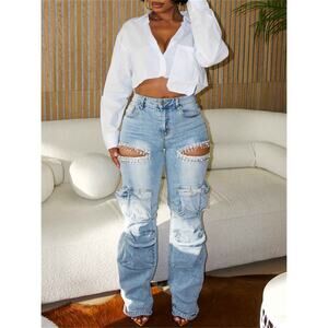 High-Rise Rhinestone-Embellished Women's Cargo Jeans